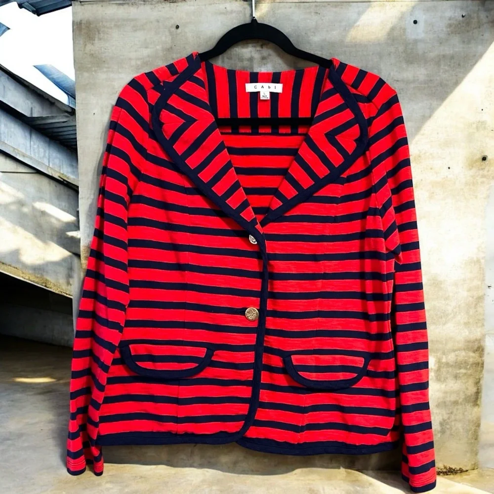 CAbi Nautical Navy and Red Striped Women's Blazer - Picture 3 of 8